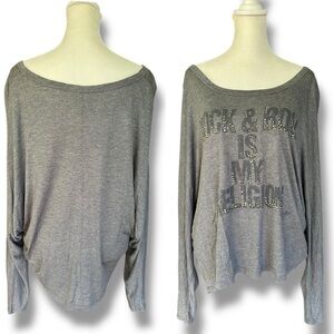 Haute Hippie Gray Rhinestone Rock & Roll is My Religion Surplus Sleeve Tee | M